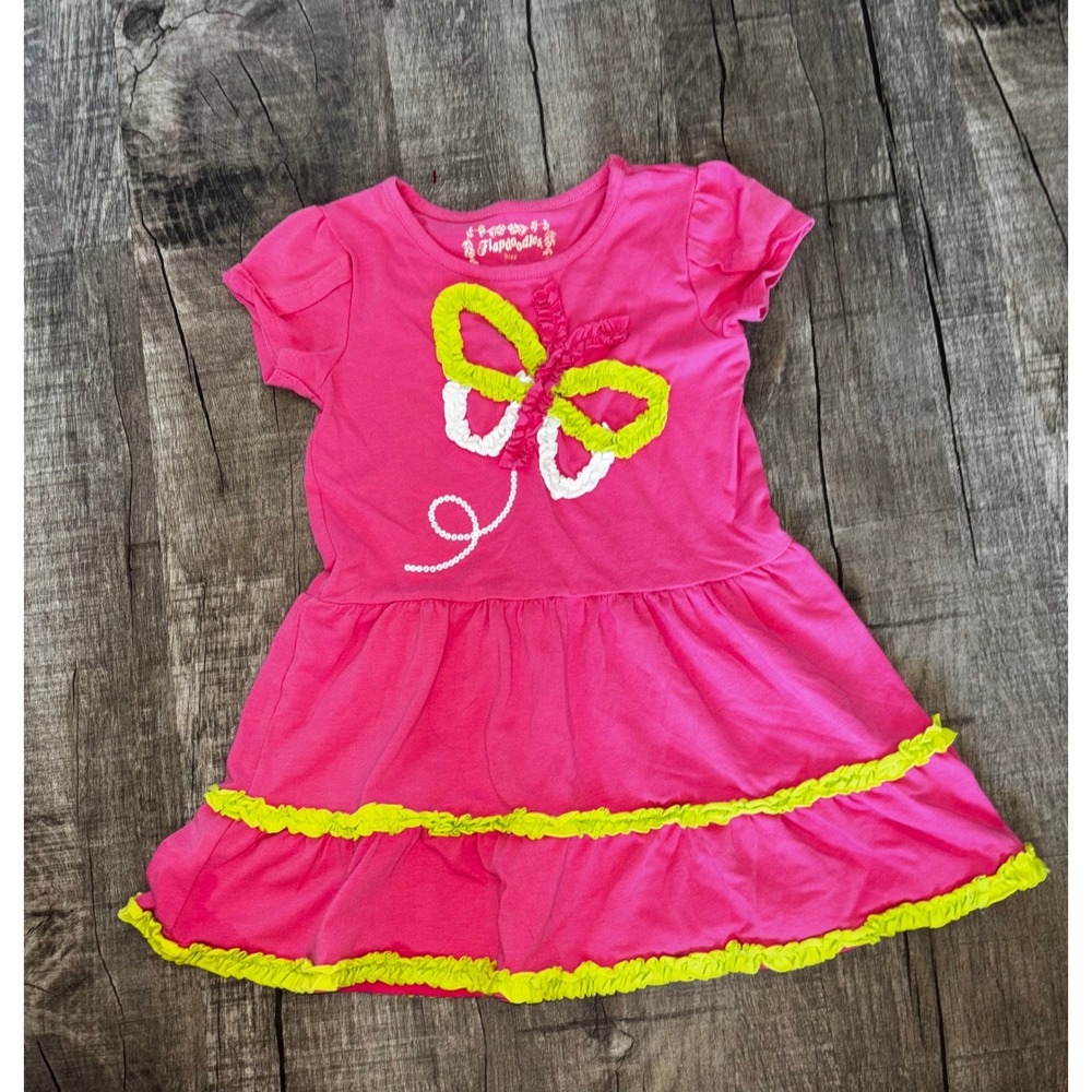Flapdoodles Girls Pink Butterfly Ruffle Knit Dress Size 5 Short‎ Sleeve Casual